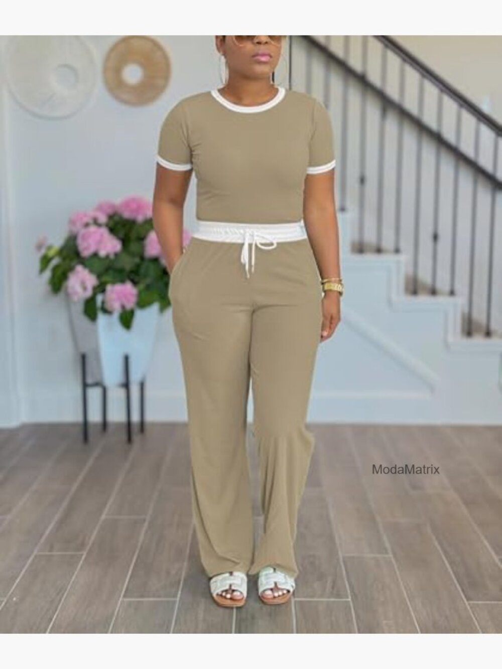 2 Piece Lounge Set Short Sleeve Wide Leg Pants Tracksuit - Picture 2 of 5